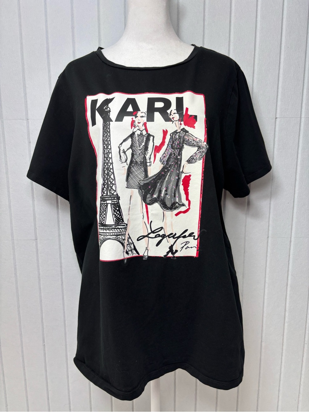 KARL Graphic Cotton Tee with Paris Illustration - Black, White & Red  Size 1X - Picture 2 of 12